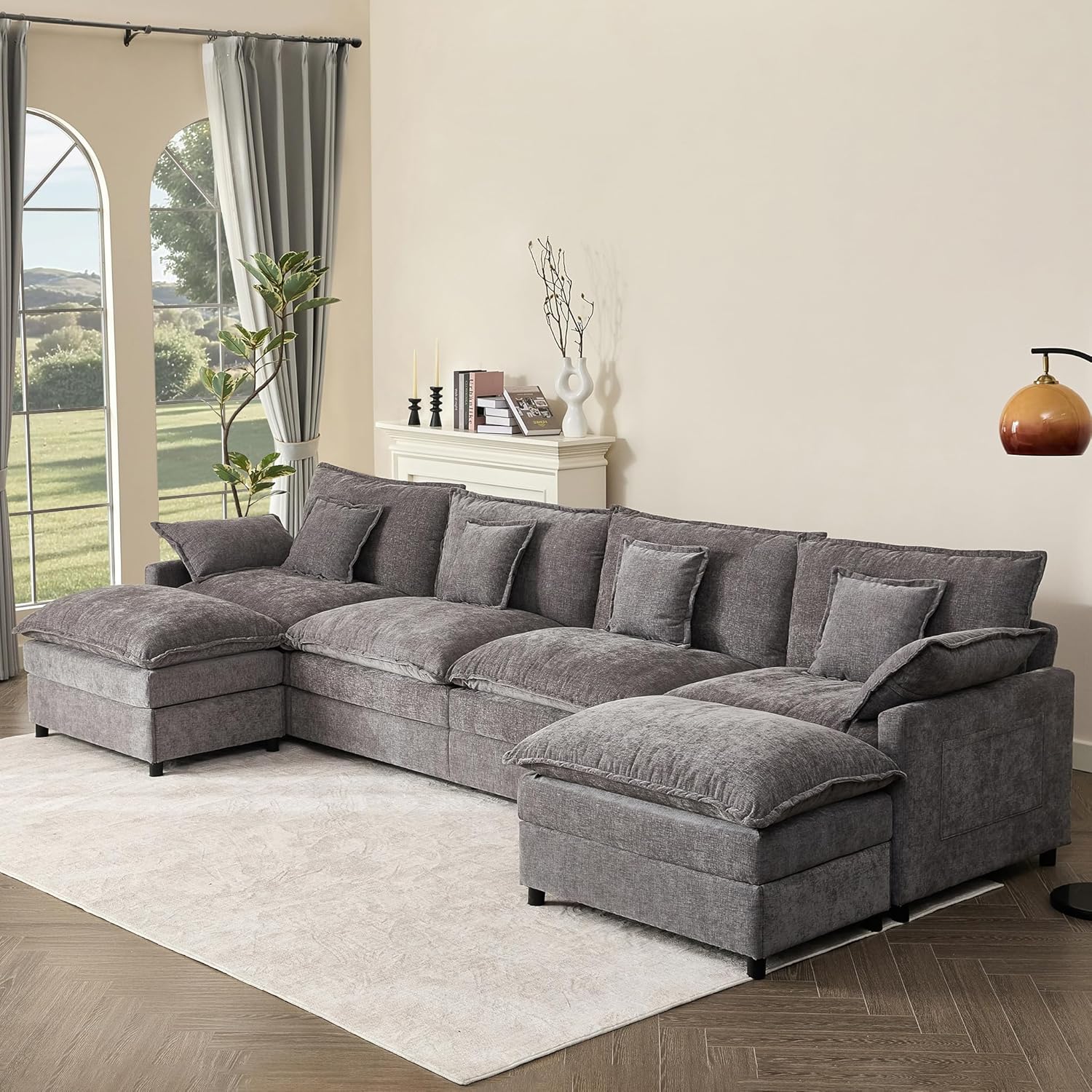 108 U Shaped Couch, Modular Sectional Sofa, 3-Seater Comfy Cloud Couch with Movable Ottoman, Deep Seat Couches for Living Room, Chenille, Slate