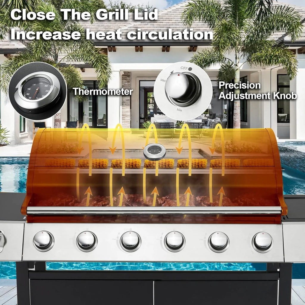 Upgraded 4 Burner BBQ Propane Gas Grill with Cast Iron Grates & Side Stove, 44,000 BTU Stainless Steel Burner Barbecue Grill for Patio, Camping, Outdoor Cooking.