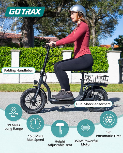 Gotrax adult electric scooter with seat maximum range of 19-25 miles all-terrain tires wide pedals
