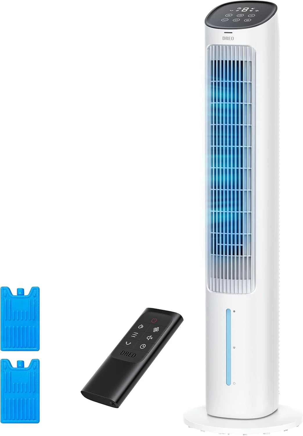 DREO Portable Air Conditioners Fan, 40�?Standing Fans that Blow Cold Air, Portable AC�?0° Oscillating Evaporative Air Cooler，Removable Water Tank, Ice Packs, Remote Control, 4 Speeds, 7H Timer, White