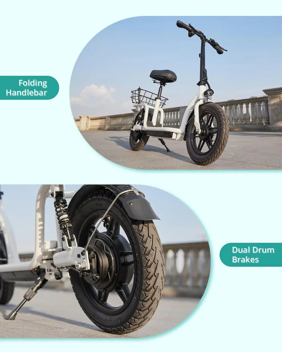 Gotrax adult electric scooter with seat maximum range of 19-25 miles all-terrain tires wide pedals