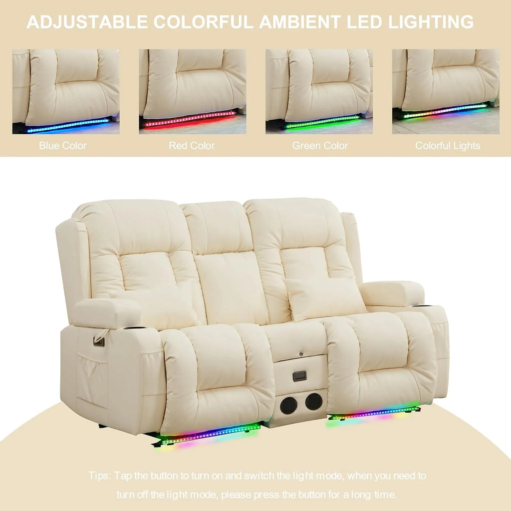 TUNYI Power Loveseat Recliner Sofa with Massage & Heat Home Theater Seating with Console Electric Recliner RV Sofa with USB/Outlet/Storage/Side Pocket/LED Light/Speaker (Brown, Loveseat)