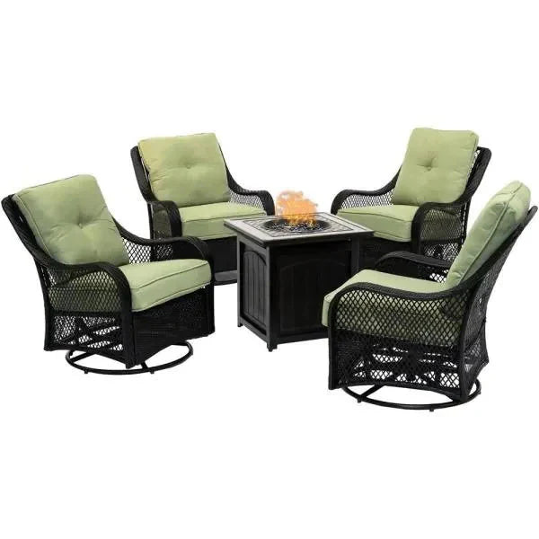 2025 5-Piece Steel Patio Fire Pit Conversation Set with Navy Blue Cushions, Swivel Gliders and Square Fire Pit Table