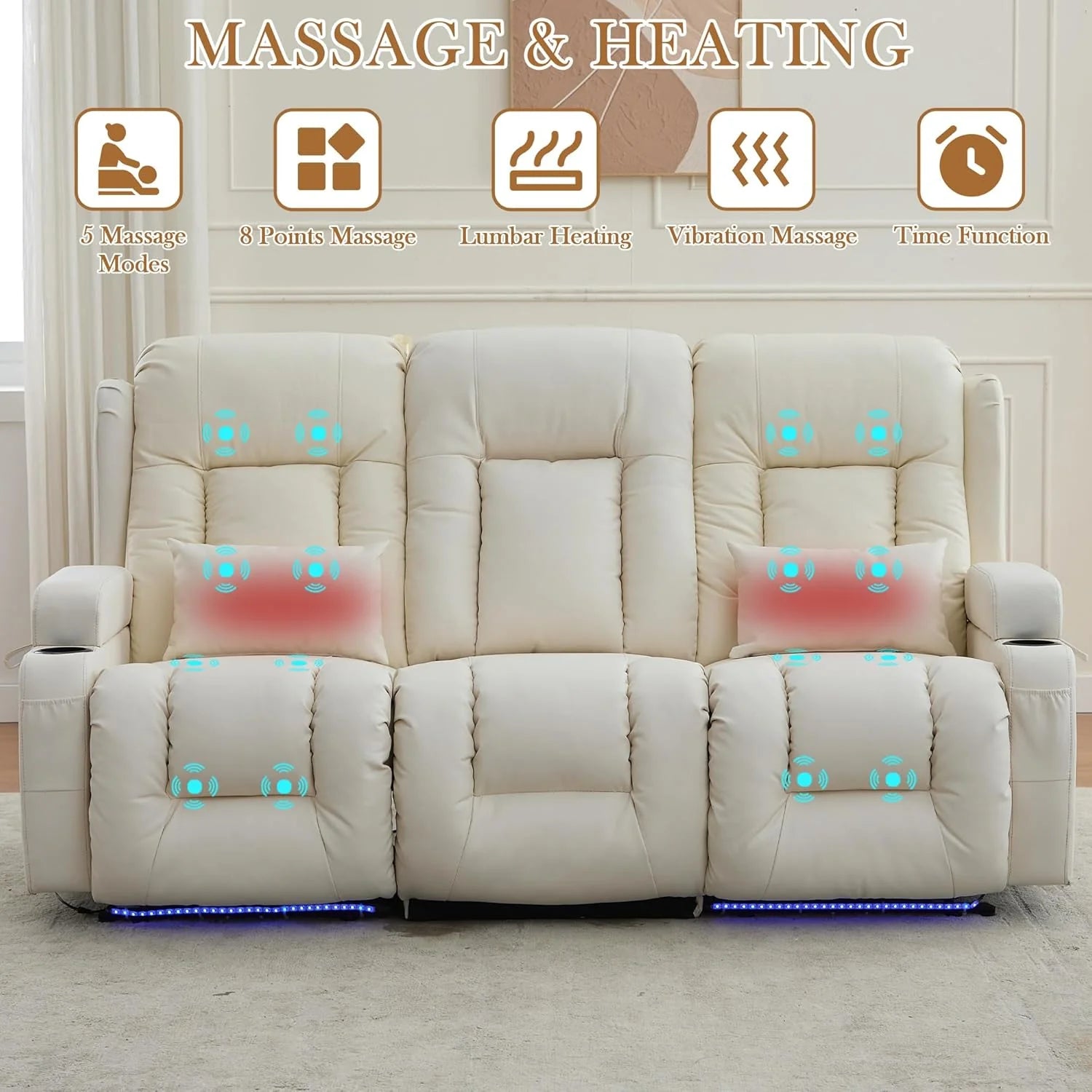TUNYI Power Loveseat Recliner Sofa with Massage & Heat Home Theater Seating with Console Electric Recliner RV Sofa with USB/Outlet/Storage/Side Pocket/LED Light/Speaker (Brown, Loveseat)