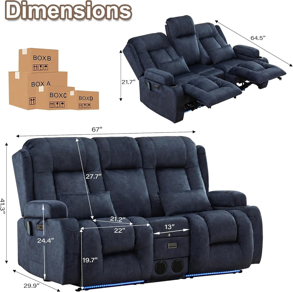 TUNYI Power Loveseat Recliner Sofa with Massage & Heat Home Theater Seating with Console Electric Recliner RV Sofa with USB/Outlet/Storage/Side Pocket/LED Light/Speaker (Brown, Loveseat)