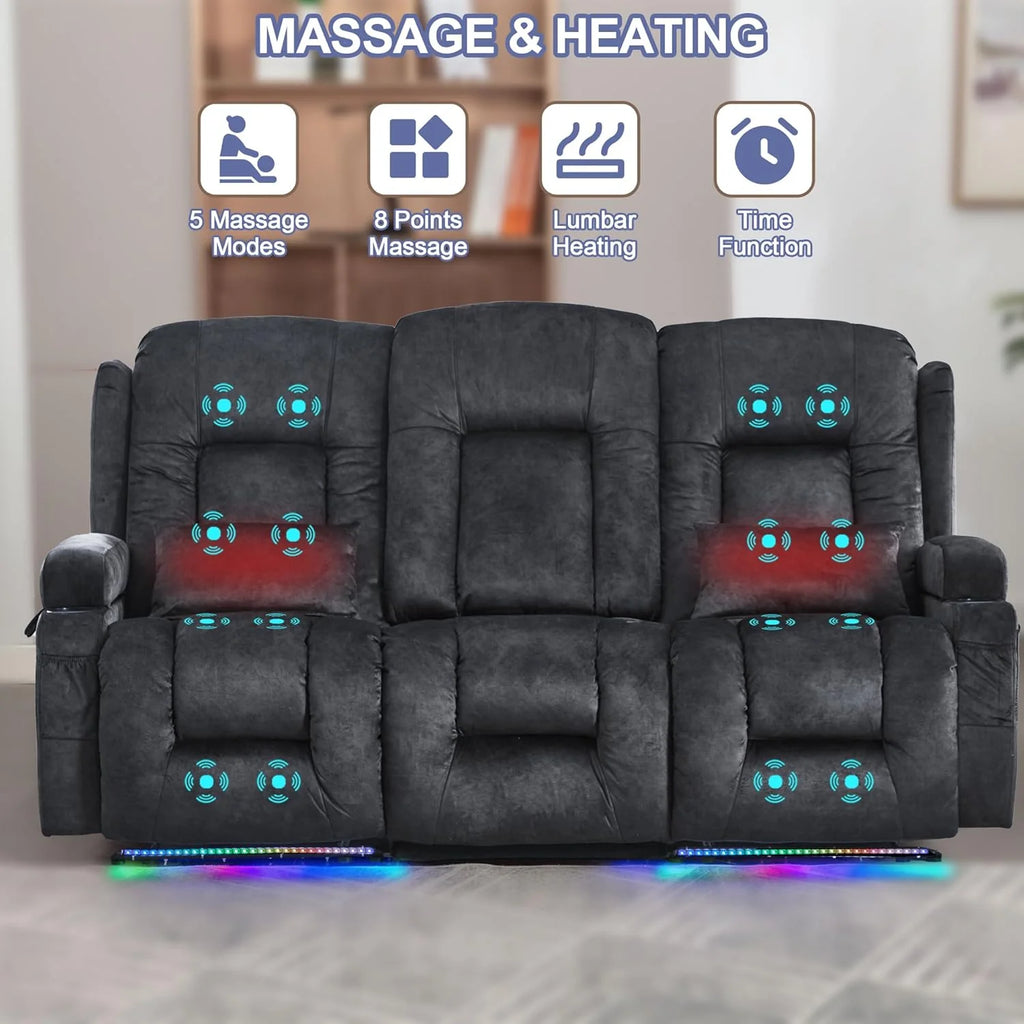 TUNYI Power Loveseat Recliner Sofa with Massage & Heat Home Theater Seating with Console Electric Recliner RV Sofa with USB/Outlet/Storage/Side Pocket/LED Light/Speaker (Brown, Loveseat)