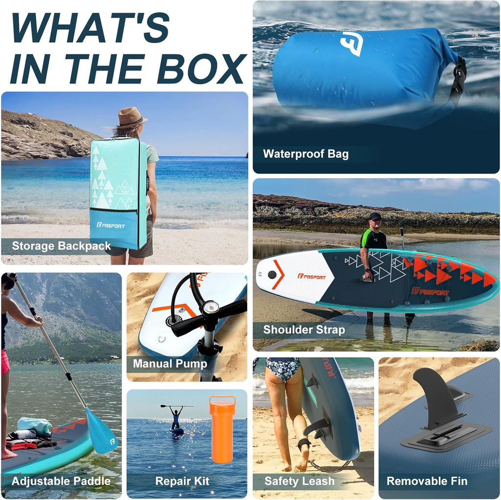 FBSPORT 11' Premium Stand Up Paddle Board, Yoga Board with Durable SUP Accessories & Carry Bag | Wide Stance, Surf Control, Non-Slip Deck, Leash, Paddle and Pump for Youth & Adult