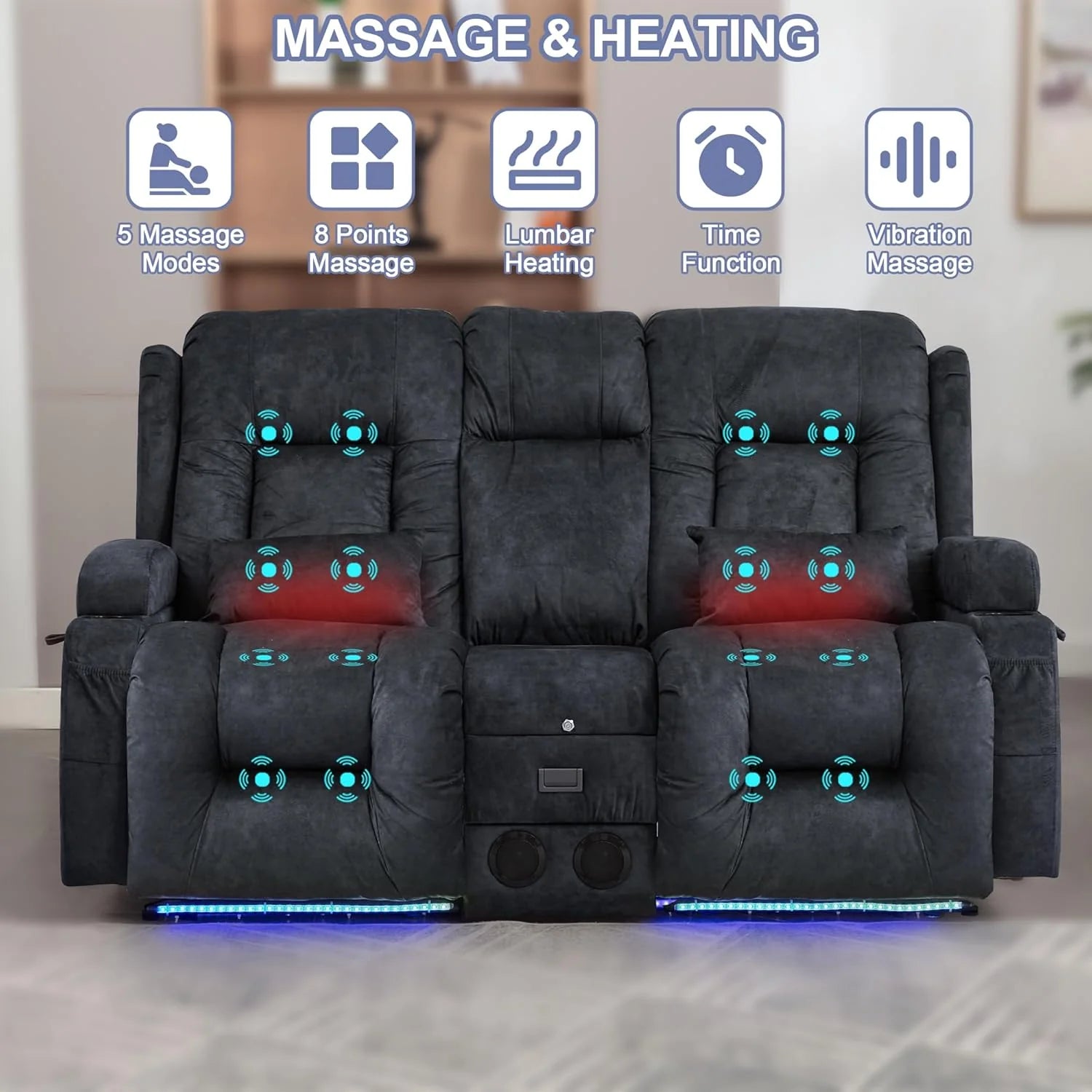 TUNYI Power Loveseat Recliner Sofa with Massage & Heat Home Theater Seating with Console Electric Recliner RV Sofa with USB/Outlet/Storage/Side Pocket/LED Light/Speaker (Brown, Loveseat)