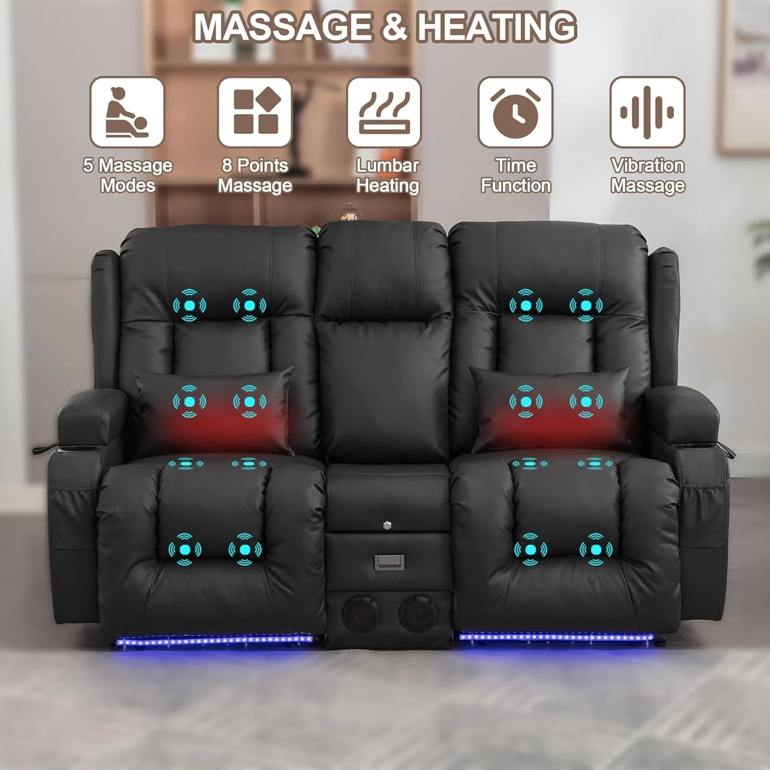TUNYI Power Loveseat Recliner Sofa with Massage & Heat Home Theater Seating with Console Electric Recliner RV Sofa with USB/Outlet/Storage/Side Pocket/LED Light/Speaker (Brown, Loveseat)