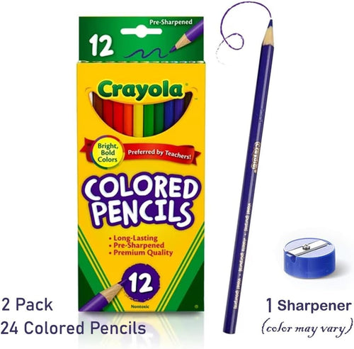 Generic Colored Pencils 12ct 2pk. Assorted Colors. Pre-Sharpened + Bonus Sharpener (Color May Vary) - Vibrant Colors for Art & School Projects