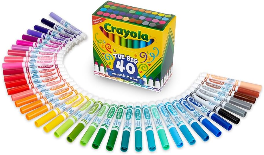 Crayola Ultra Clean Washable Markers (40ct). Teacher School Supplies for Kids. Broad Line Colored Markers. Art Marker Set. Ages 3+