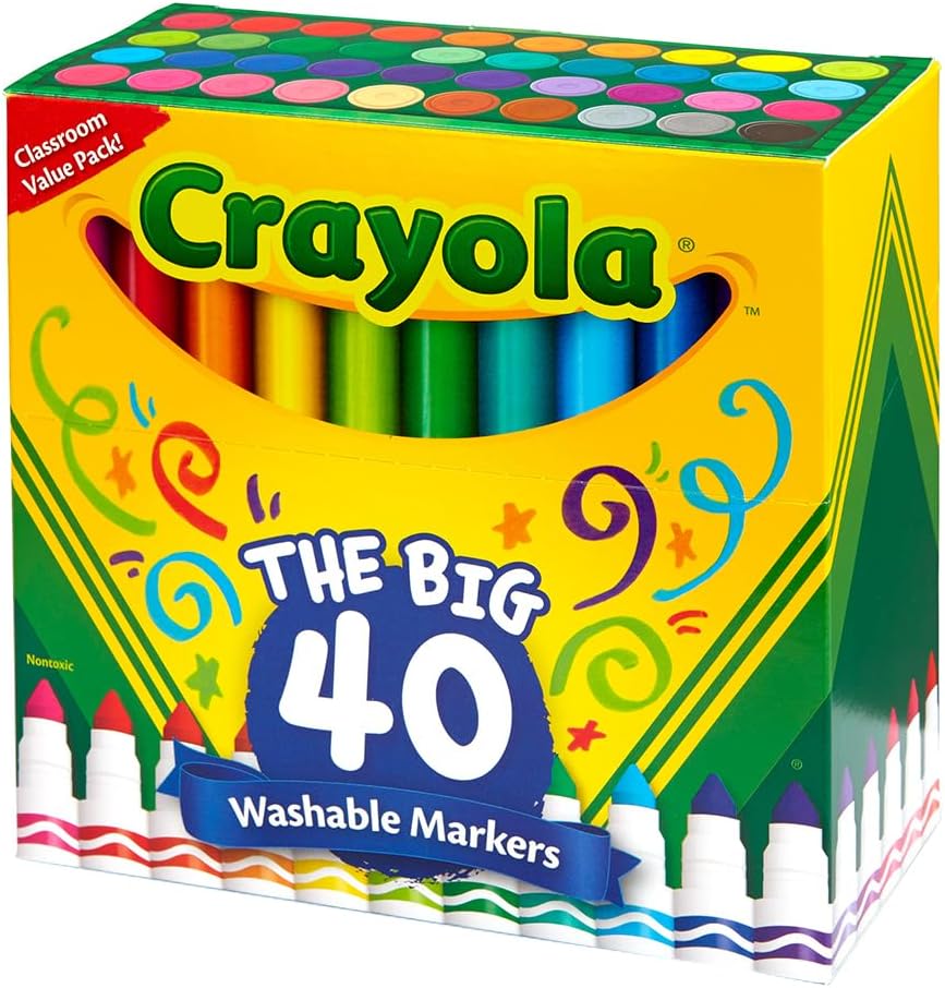 Crayola Ultra Clean Washable Markers (40ct). Teacher School Supplies for Kids. Broad Line Colored Markers. Art Marker Set. Ages 3+