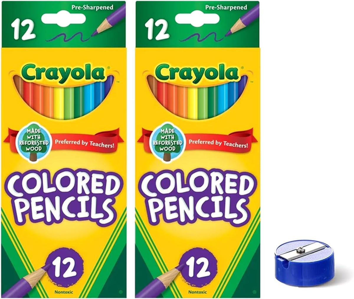 Generic Colored Pencils 12ct 2pk. Assorted Colors. Pre-Sharpened + Bonus Sharpener (Color May Vary) - Vibrant Colors for Art & School Projects
