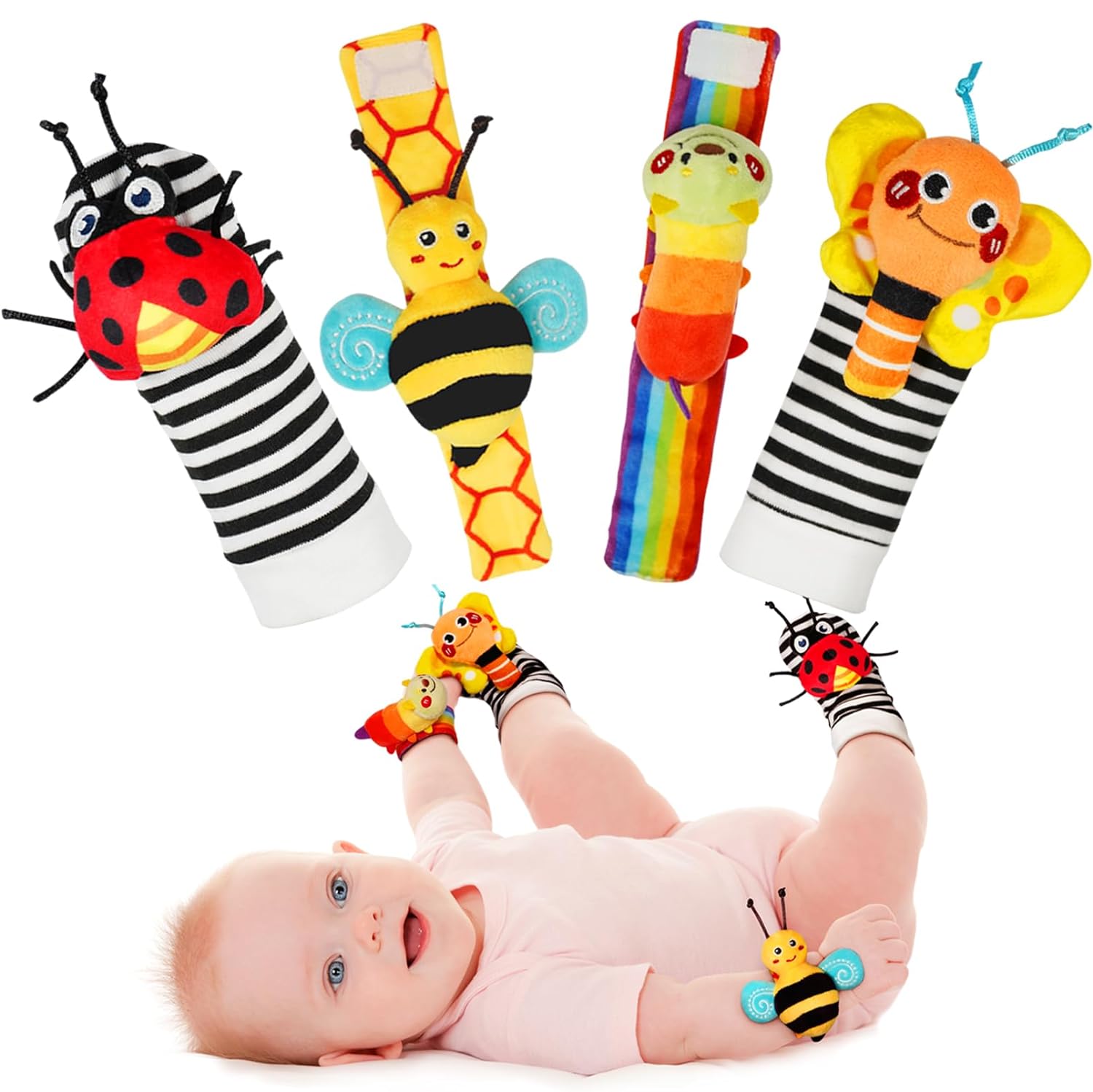 Infinno Wrist Rattles and Foot Finder Socks Set. Baby Toys for 0-12 Months | Soft crinkle textures. encourages reaching and kicking. garden bug characters. newborn shower gift. boys and girls