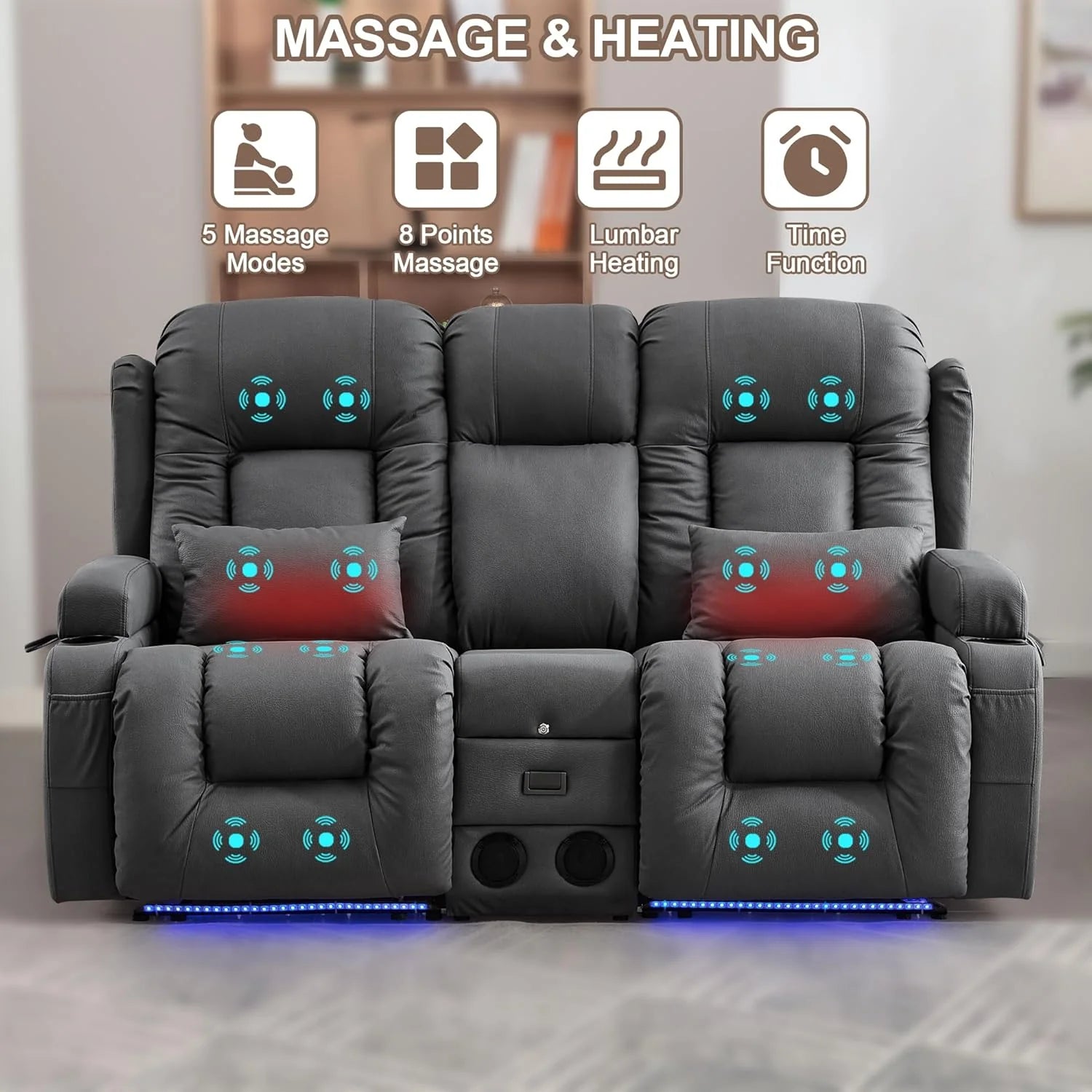 TUNYI Power Loveseat Recliner Sofa with Massage & Heat Home Theater Seating with Console Electric Recliner RV Sofa with USB/Outlet/Storage/Side Pocket/LED Light/Speaker (Brown, Loveseat)