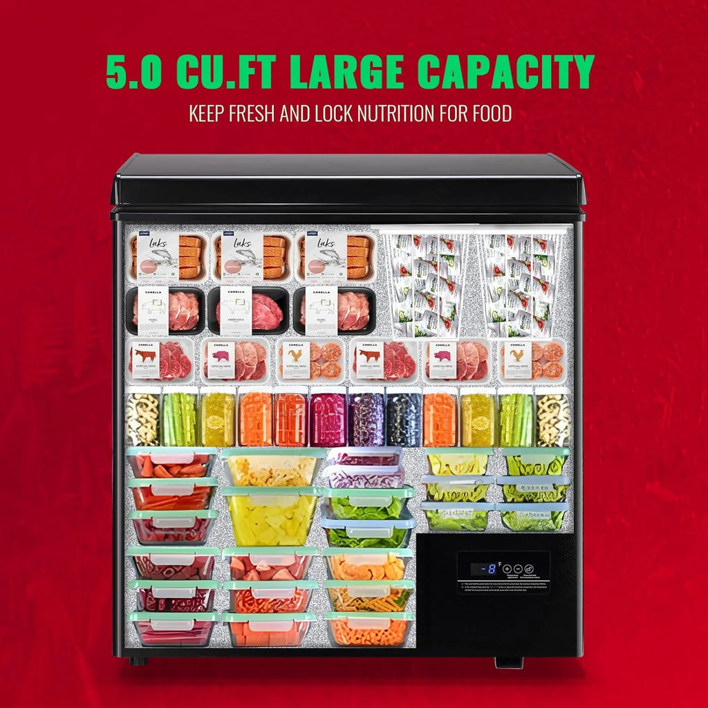 Chest Freezer 5.0Cubic Feet Deep Freezer Freestanding Freezers with 2 Removable Stainless Steel Basket, Mini Freezer Top Open Door Compact Freezer with Electronic Control 41℉ to -15℉BLACK