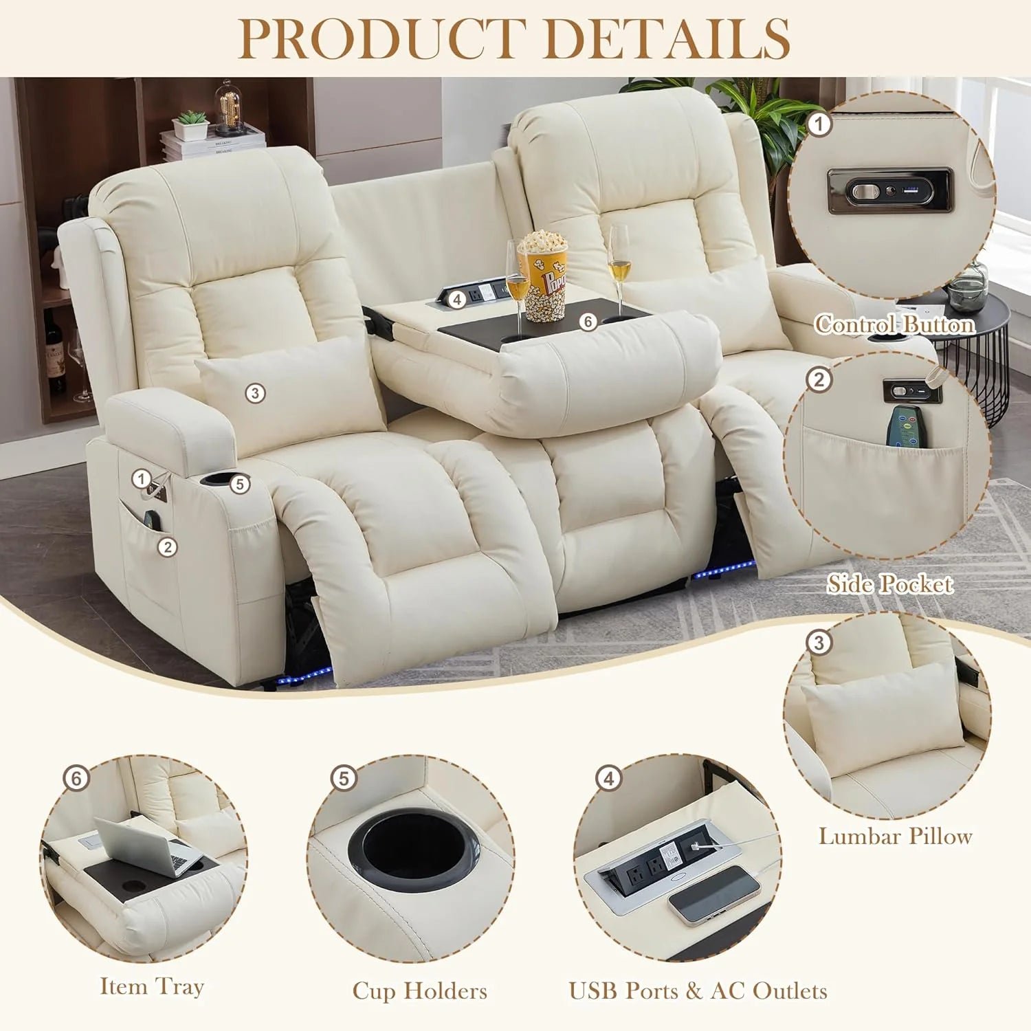 TUNYI Power Loveseat Recliner Sofa with Massage & Heat Home Theater Seating with Console Electric Recliner RV Sofa with USB/Outlet/Storage/Side Pocket/LED Light/Speaker (Brown, Loveseat)