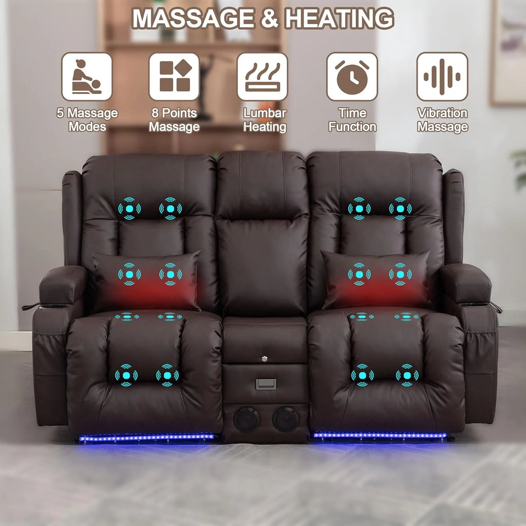TUNYI Power Loveseat Recliner Sofa with Massage & Heat Home Theater Seating with Console Electric Recliner RV Sofa with USB/Outlet/Storage/Side Pocket/LED Light/Speaker (Brown, Loveseat)