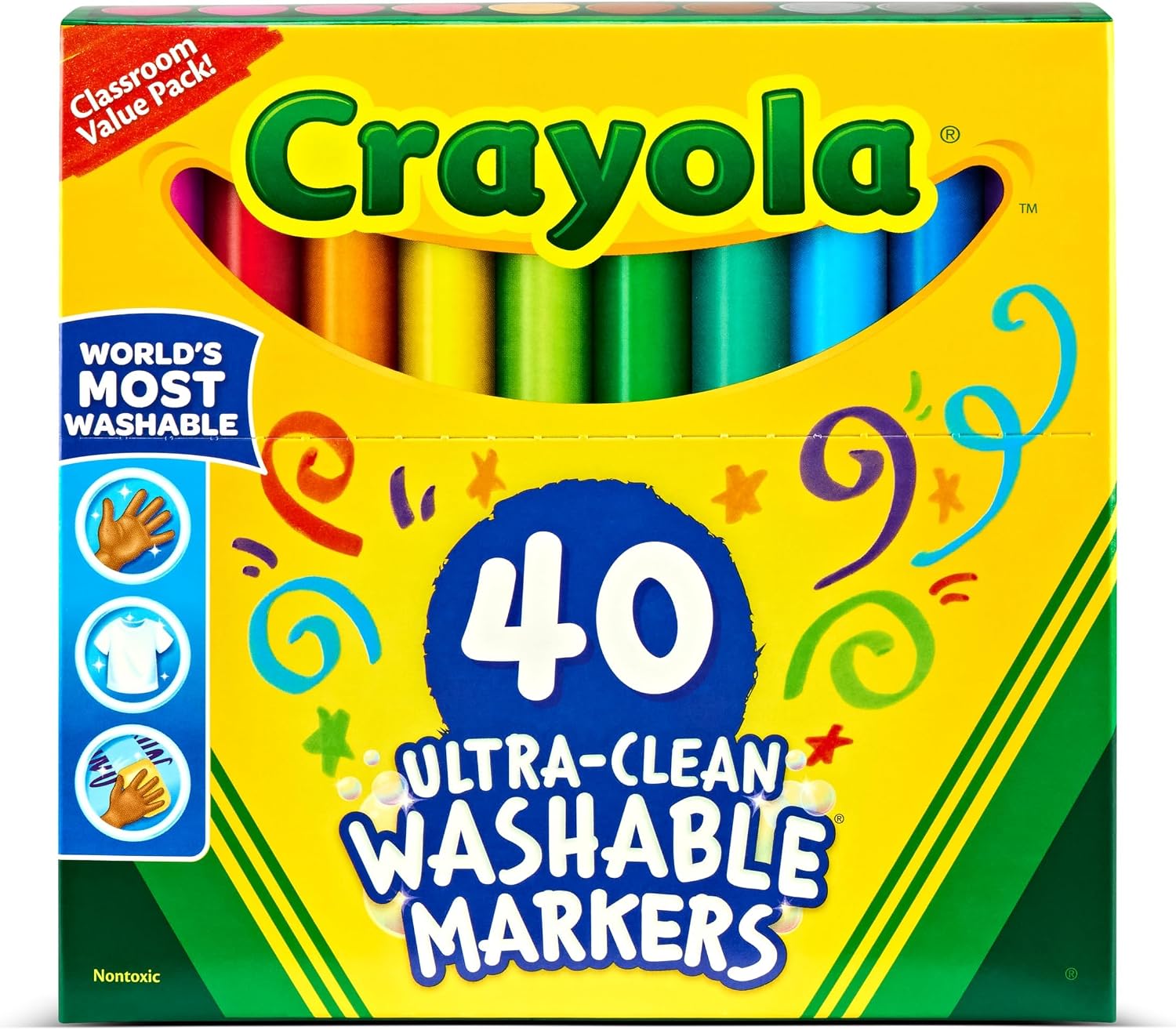 Crayola Ultra Clean Washable Markers (40ct). Teacher School Supplies for Kids. Broad Line Colored Markers. Art Marker Set. Ages 3+