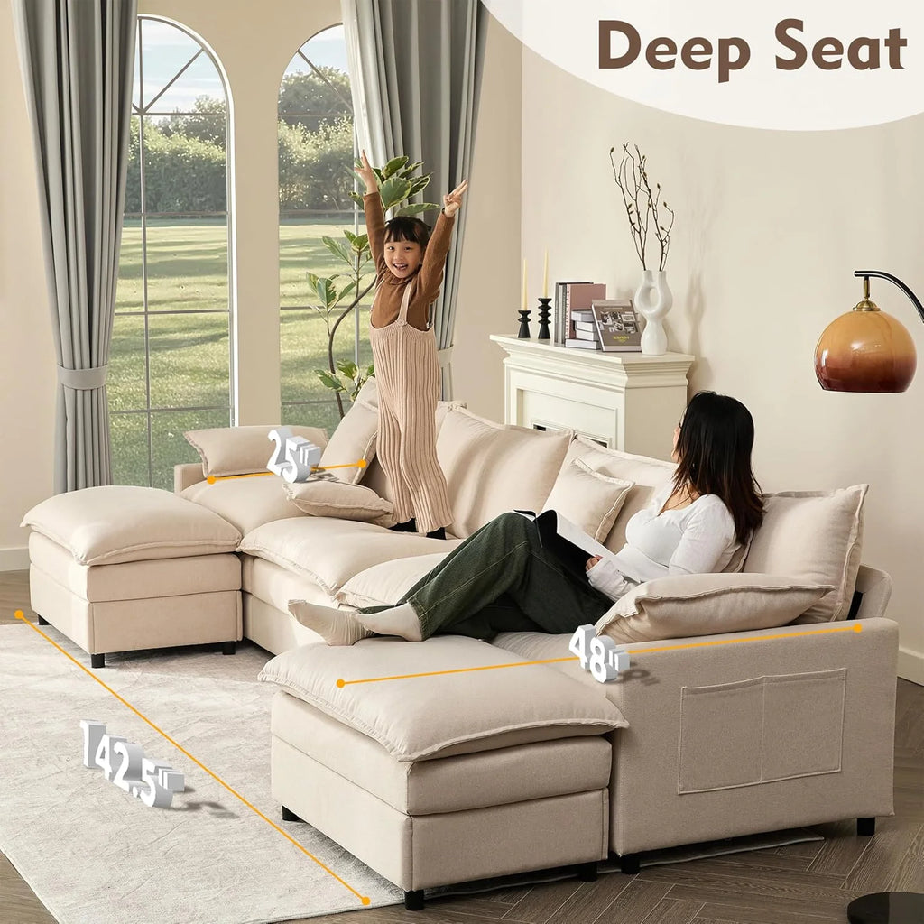 108 U Shaped Couch, Modular Sectional Sofa, 3-Seater Comfy Cloud Couch with Movable Ottoman, Deep Seat Couches for Living Room, Chenille, Slate