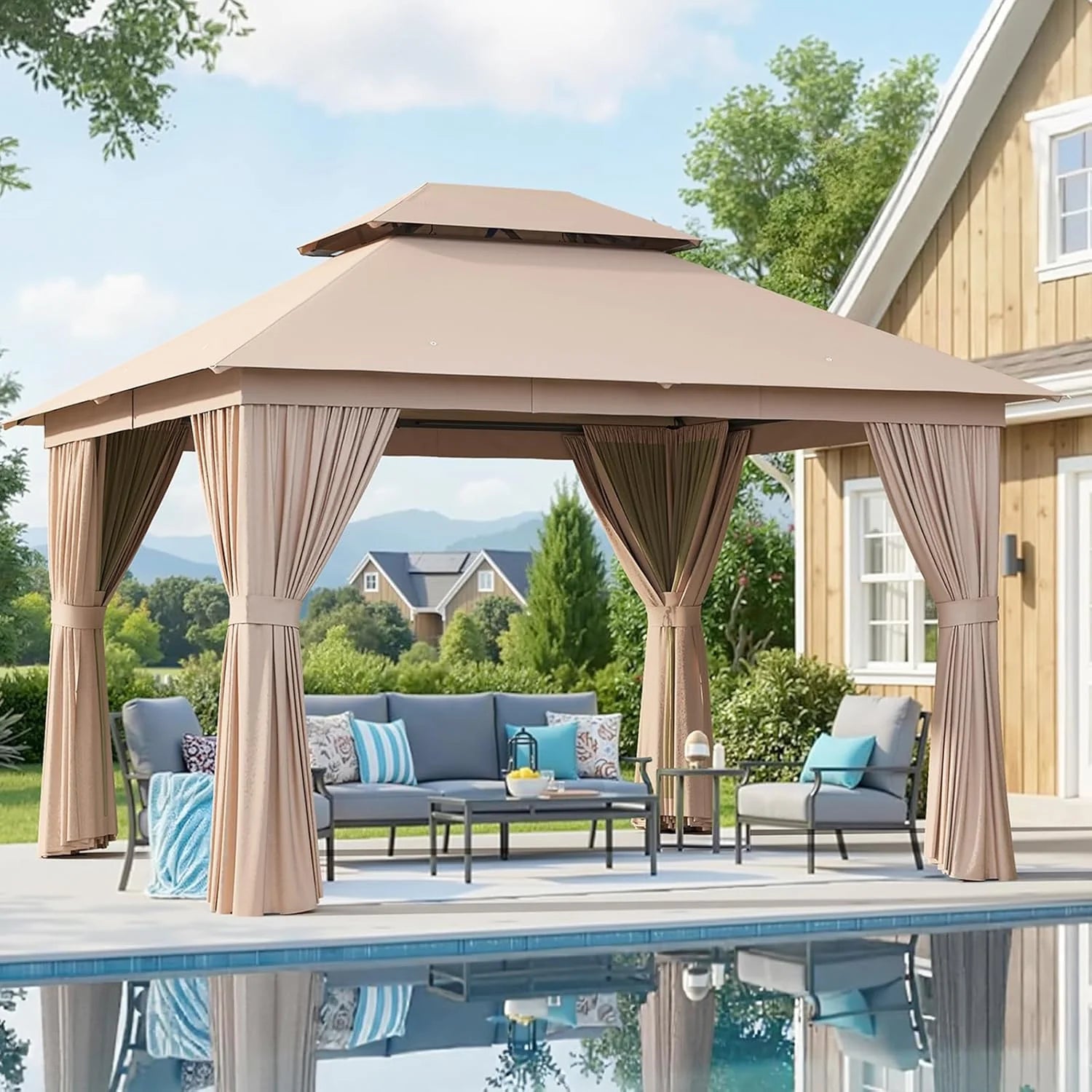 Aoxun Outdoor Gazebo for Patio 10x12, Metal Frame Canopy with Double Roofs, Heavy Duty Party Tent and Shelter with Mosquito Netting and Privacy Screen for Backyard, Lawn, Garden, Deck