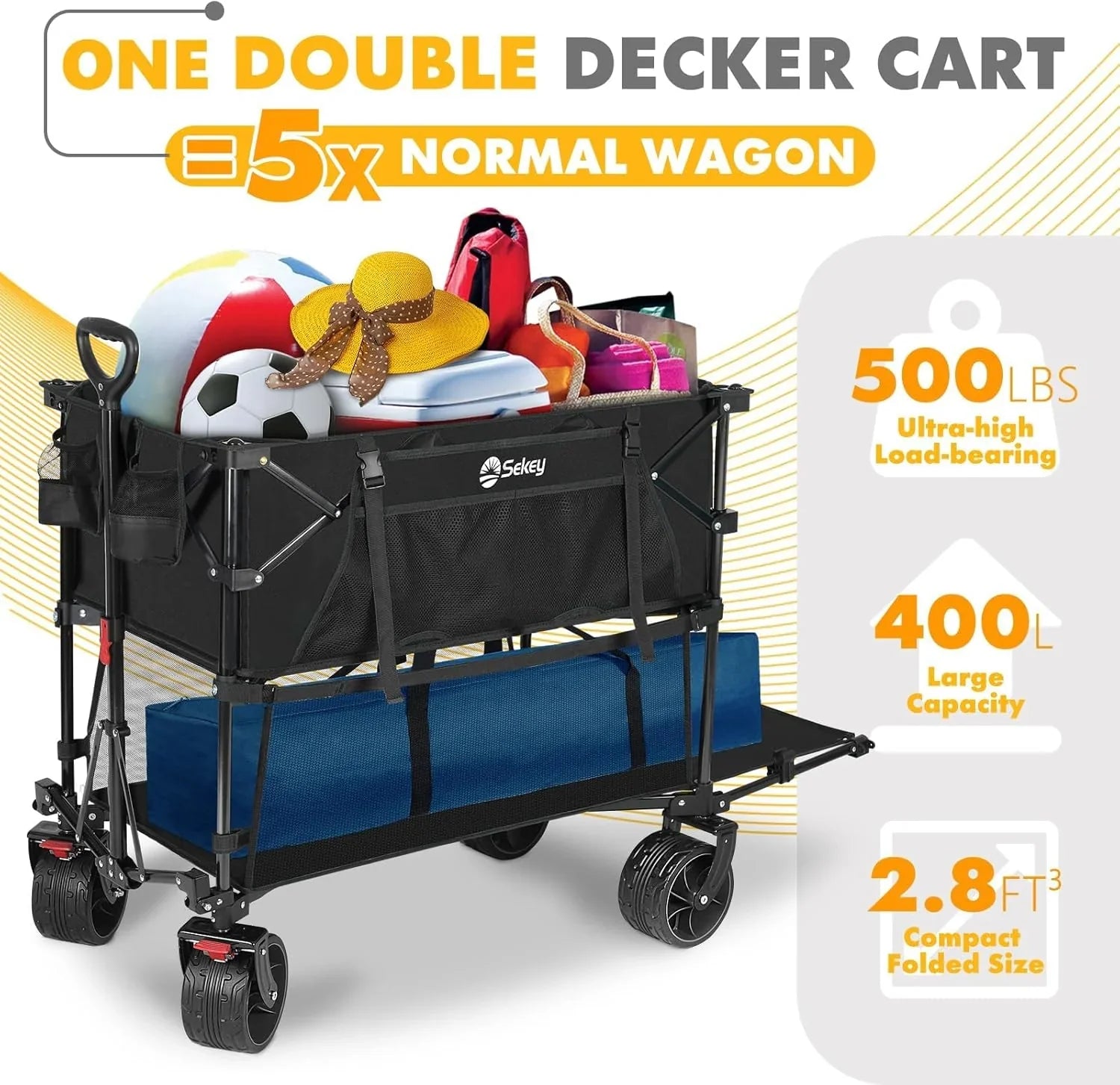 400L Large Capacity Folding Double Decker Wagon with Brakes 50 Extra Long Extender Cart