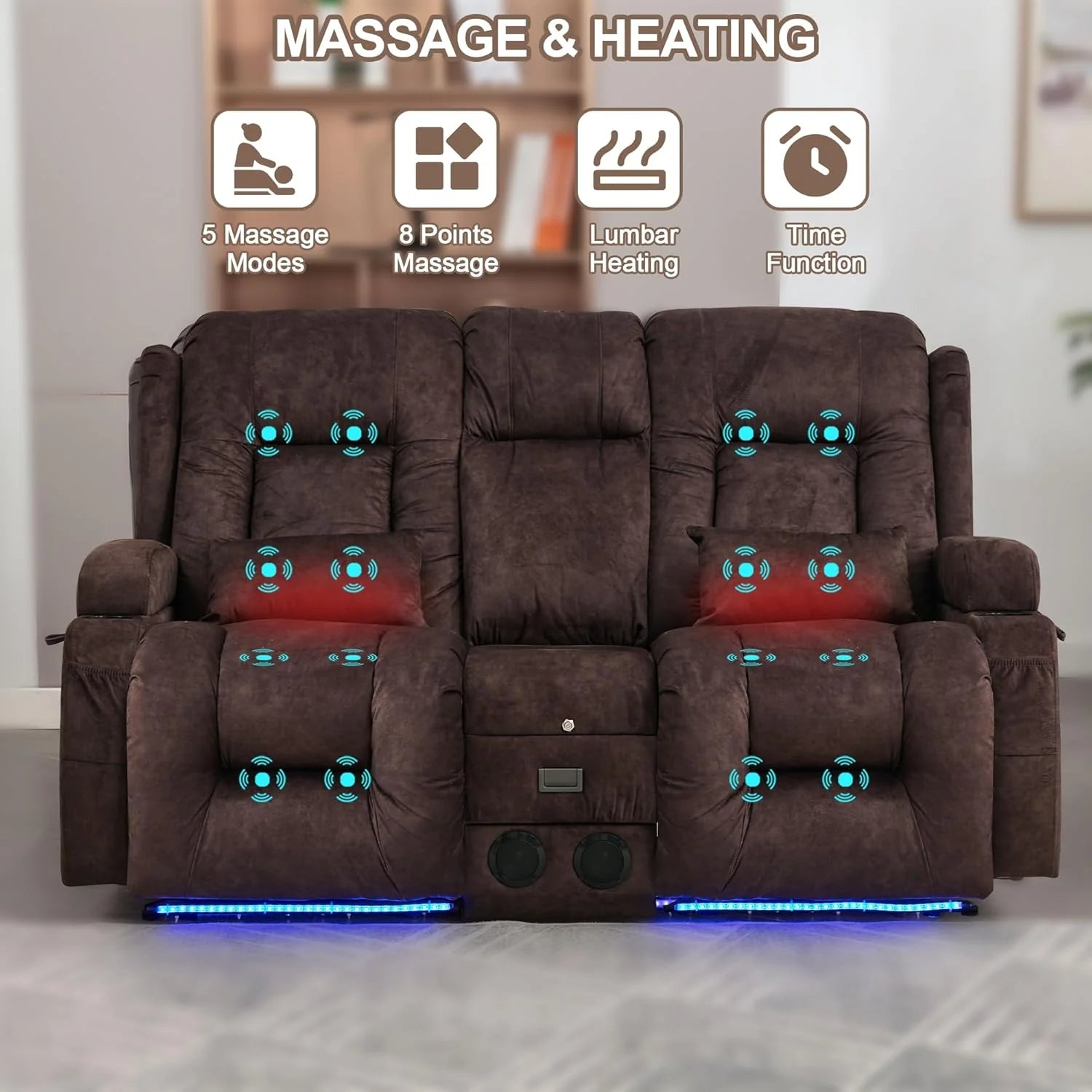 TUNYI Power Loveseat Recliner Sofa with Massage & Heat Home Theater Seating with Console Electric Recliner RV Sofa with USB/Outlet/Storage/Side Pocket/LED Light/Speaker (Brown, Loveseat)