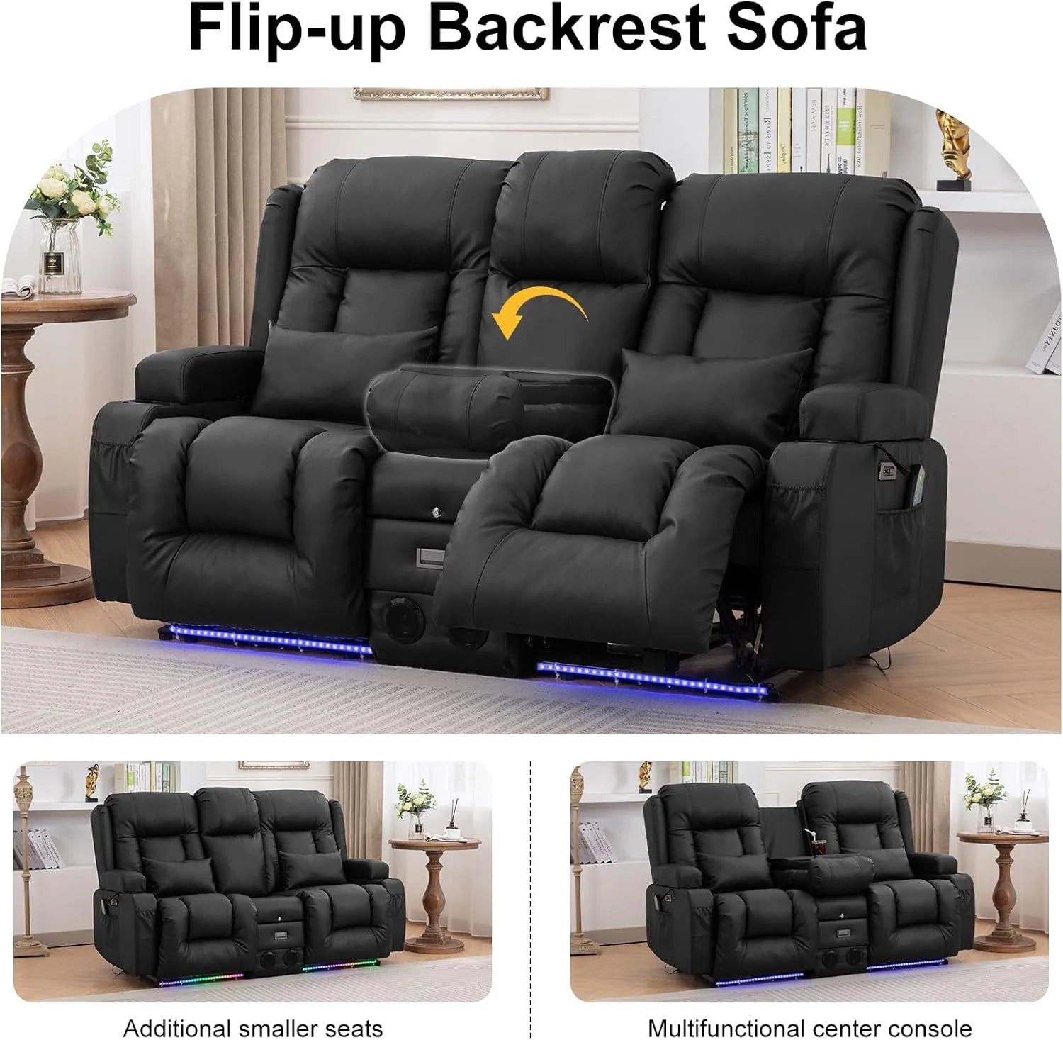 TUNYI Power Loveseat Recliner Sofa with Massage & Heat Home Theater Seating with Console Electric Recliner RV Sofa with USB/Outlet/Storage/Side Pocket/LED Light/Speaker (Brown, Loveseat)