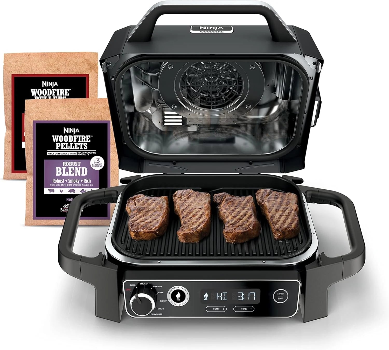 7-in-1 Grill & Smoker with Thermometer, Air Fryer, BBQ, Bake, Roast, Broil - Portable Electric Outdoor Grill, Grey