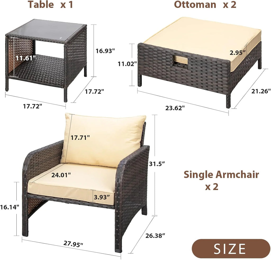 LEVELEVE Balcony Furniture 5 Piece Patio Conversation Set, PE Wicker Rattan Outdoor Lounge Chairs with Soft Cushions 2 Ottoman&Glass Table for Porch, Lawn-Brown Wicker