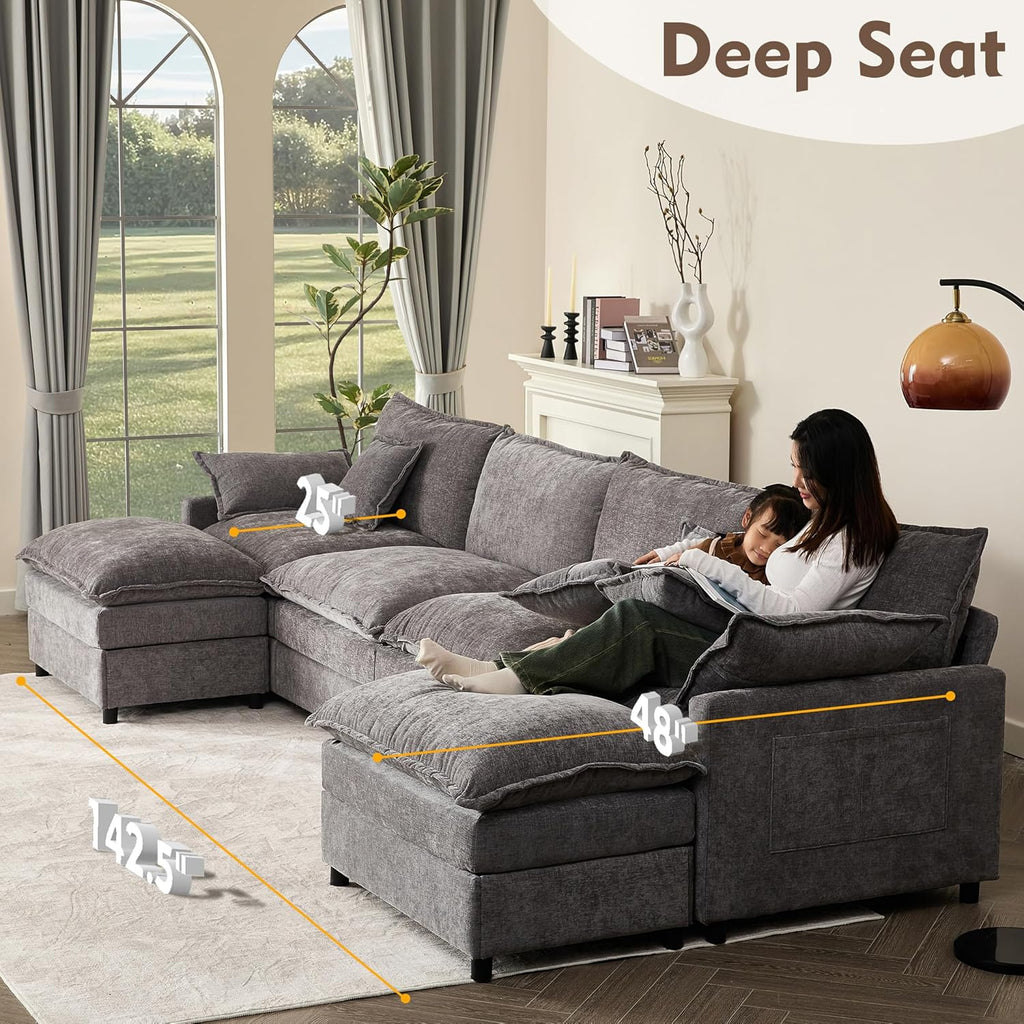 108 U Shaped Couch, Modular Sectional Sofa, 3-Seater Comfy Cloud Couch with Movable Ottoman, Deep Seat Couches for Living Room, Chenille, Slate
