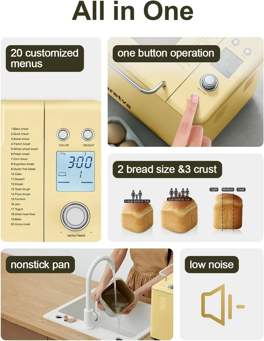 Neretva Bread Maker 20-in-1 2LB Bread Maker Dual Heater Bread Maker Automatic Ceramic Pan