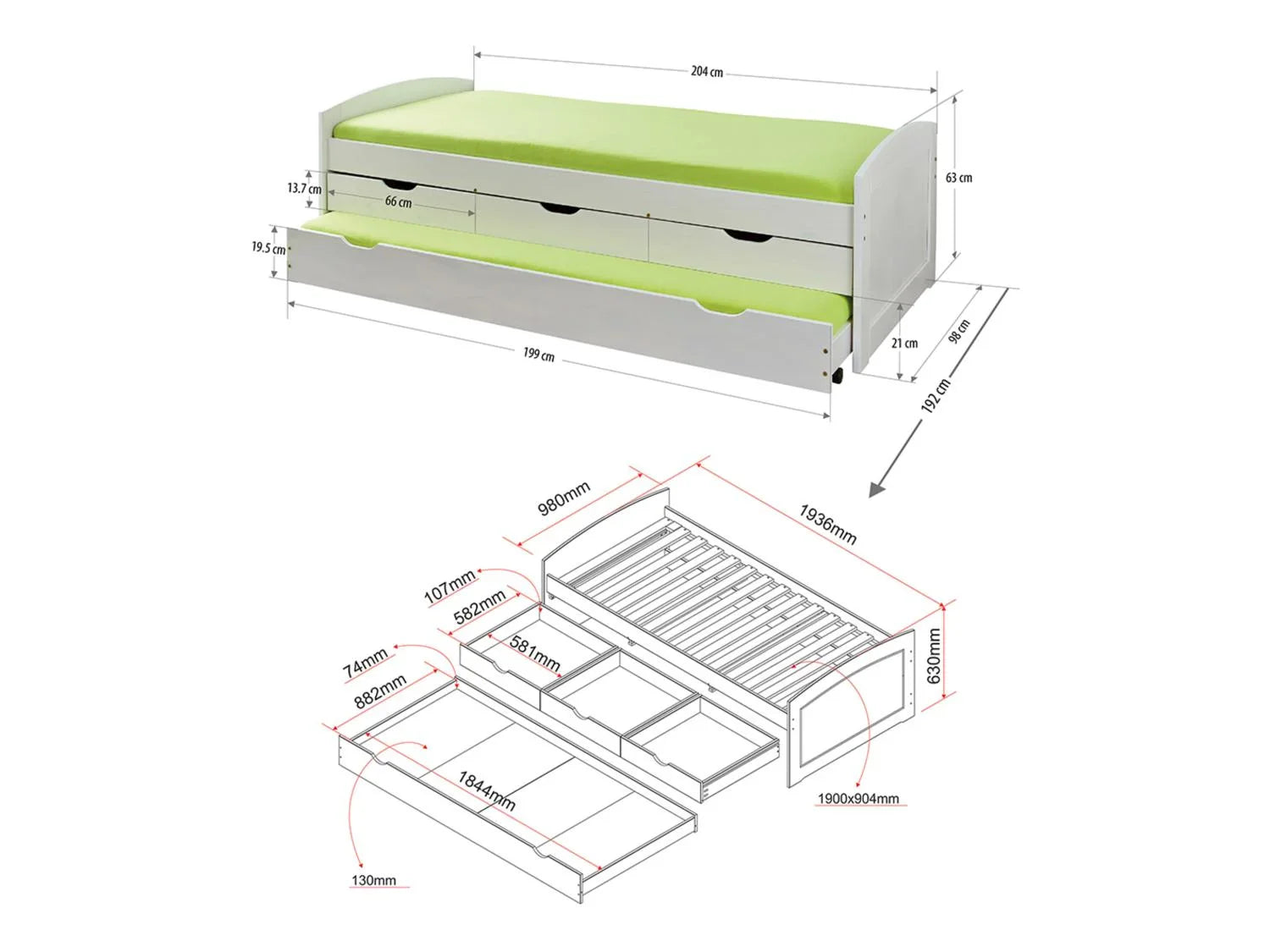 Inter Link Lit banquette 3 tiroirs, 205 x 63 x 96 cm